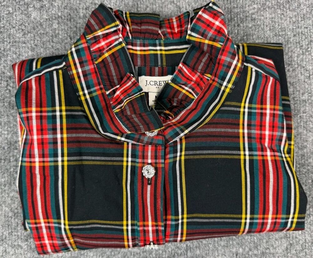J. Crew Tartan Ruffle Neck Stewart Jeweled Buttons Cotton Medium Blouse #17